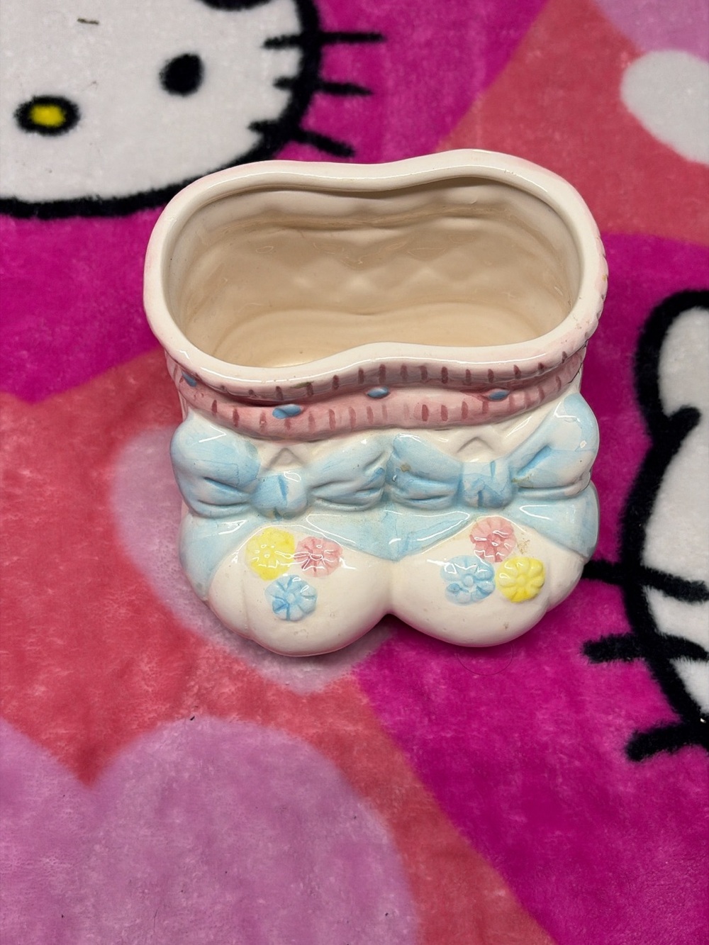 Source Unknown Pastel Pink & Blue Ceramic Boot Planter with Floral Accents